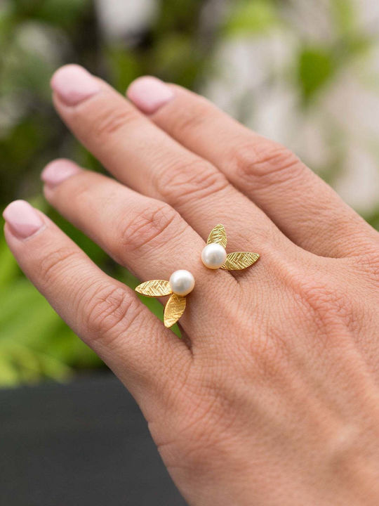 Handmade Gold Plated Silver 925 Ring with White Pearls Size 48
