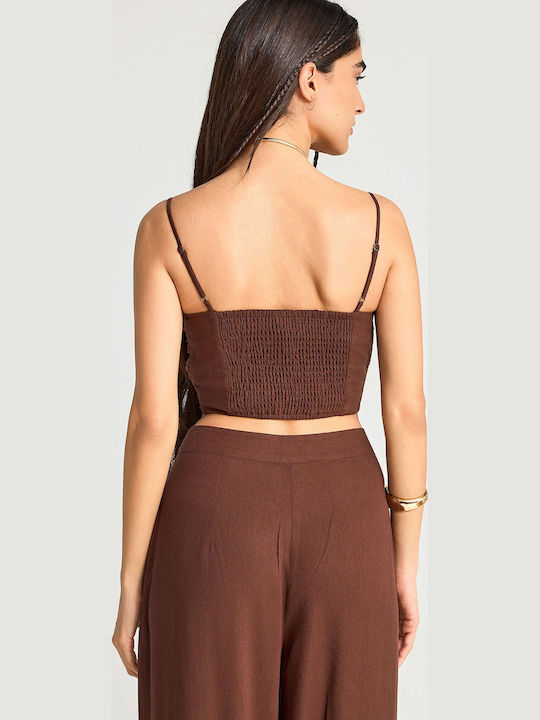 Women's Summer Crop Linen Top with Straps & Zipper Brown