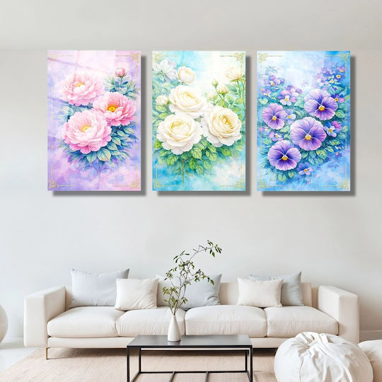 Triptych Set Glass Paintings with Multicolored Flowers (35x50cm)