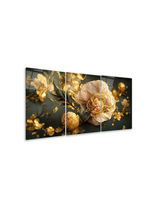 Triptych Glass Set with Flowers Charcoal and Gold Details (50x70cm)