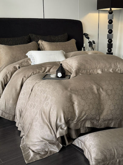 Σετ Παπλωματοθήκη Υπέρδιπλη 220x240cm 100% Lyocell Ζακάρ 2 Μαξιλαροθήκες & 1 Σεντόνι Καφέ