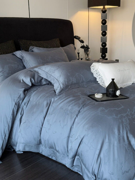 Σετ Παπλωματοθήκη Υπέρδιπλη 220x240cm 100% Lyocell Ζακάρ 2 Μαξιλαροθήκες & 1 Σεντόνι Μπλε