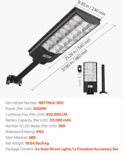 Vevor Set of 3 Solar Road Lights 8W 450lm with Motion Sensor Photocell and Remote Control IP65