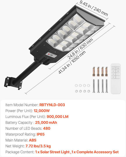 Vevor Solar Street Light 12W 900lm with Motion Sensor Photocell and Remote Control IP65