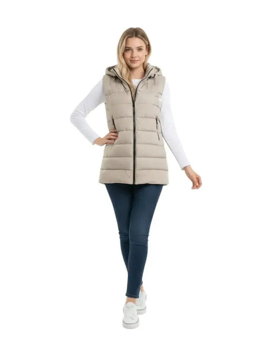 Long Women's Sleeveless Puffer Jacket for Winter Beige