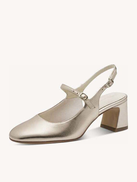 Pointed Toe Heels in Patent Leather with Mid Heel Gold