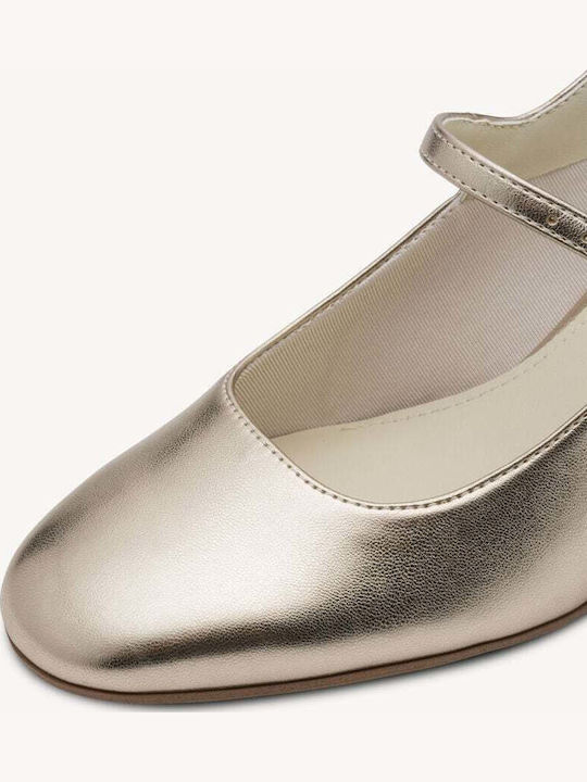 Pointed Toe Heels in Patent Leather with Mid Heel Gold