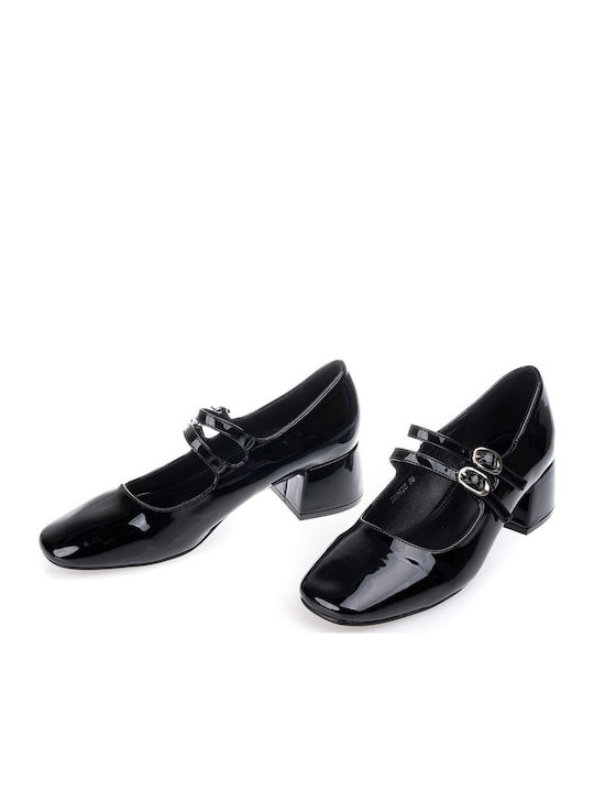 Heels in Patent Leather with Strap & Low Heel Black