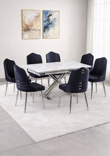 Orchid Dining Room Furniture Set White Marble Silver Legs 120x80x75cm