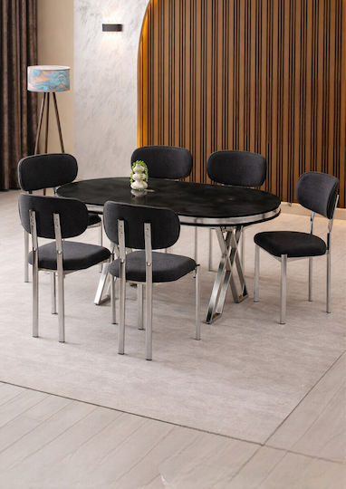 Σετ Τραπεζαρίας 6 Ατόμων Μαύρο Ασημί 170x90x75cm