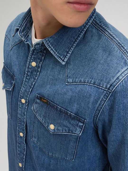 Western Long Sleeve Denim Shirt in Regular Fit Denimblue
