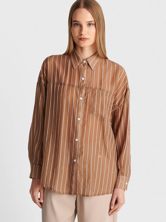 Long Sleeve Women's Shirt Brown Striped