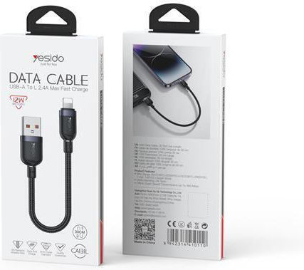 Yesido Braided USB-A to Lightning Cable 12W Μαύρο 0.3m