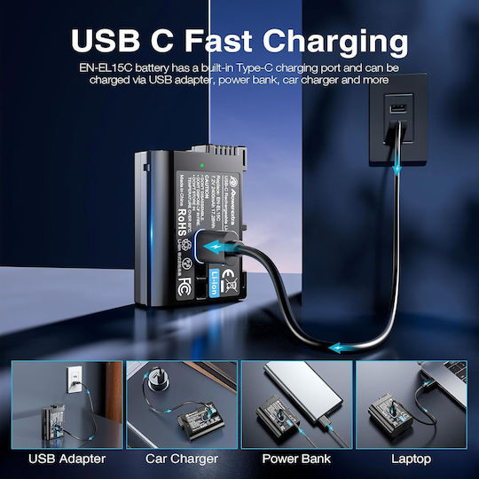 Powerextra En-el15c 2400mah Battery Type-c Fast Charging Compatible Nikon