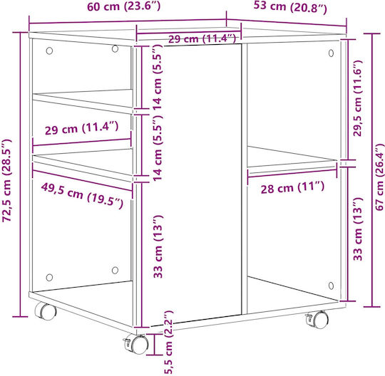 Masă Laterală Rectangulară Din Lemn Cu Roți Neagră L60xL53xÎ72.5cm
