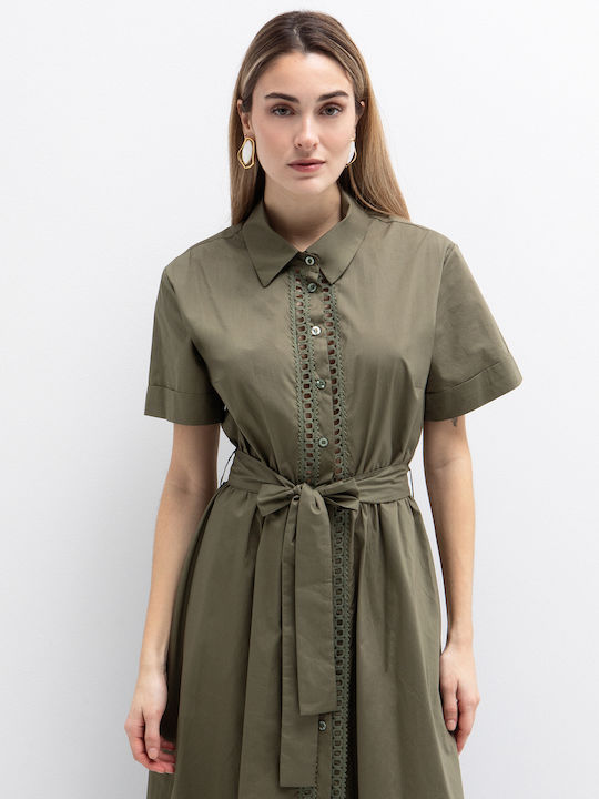 Summer Midi Shirt Dress Short Sleeve Khaki