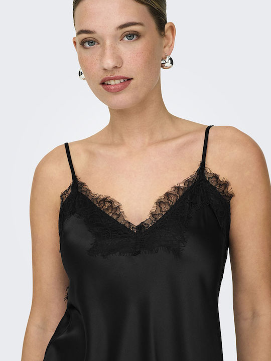 Summer Evening Satin Slip Dress with Lace Black