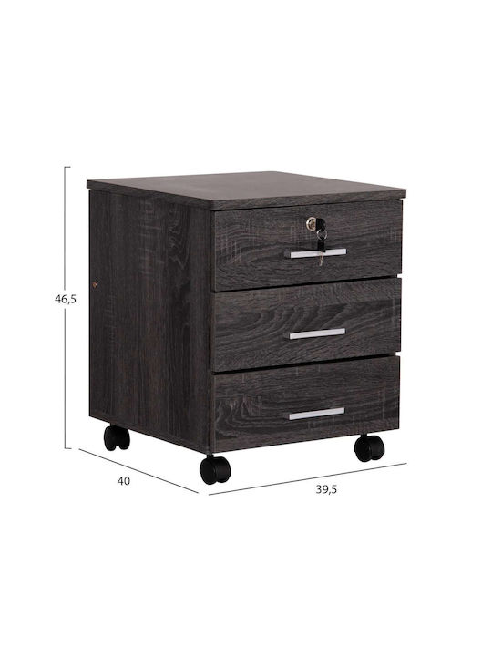 Office Storage Chipboard Drawer with Wheels, Lock & 3 Drawers Ανθρακί L39xW39.5xH46.5cm