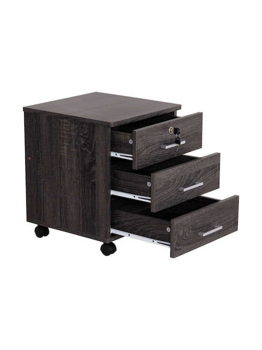 Office Storage Chipboard Drawer with Wheels, Lock & 3 Drawers Ανθρακί L39xW39.5xH46.5cm