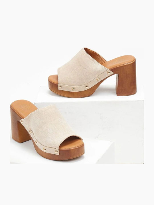 Suede Mules with High Heel in Beige Colour