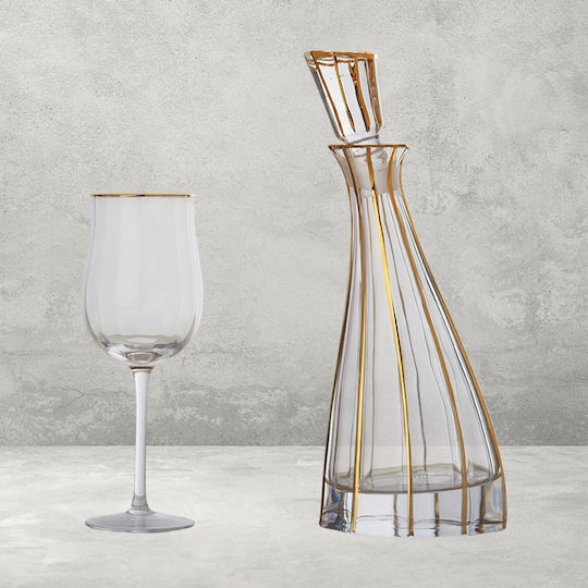 Set Carafă de Nuntă cu Pahar de Vin din Cristal Auriu 2buc
