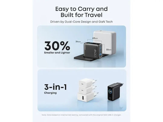 Anker Φορτιστής με Θύρα USB-A και 2 Θύρες USB-C και Καλώδιο USB-C - USB-C 100W Power Delivery Dark Grey (Smart Display)