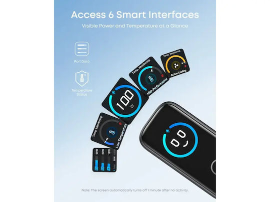 Anker Φορτιστής με Θύρα USB-A και 2 Θύρες USB-C και Καλώδιο USB-C - USB-C 100W Power Delivery Dark Grey (Smart Display)