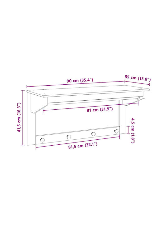 vidaXL Κρεμάστρα Τοίχου Ξύλινη 4 Θέσεων Λευκή 90x35cm