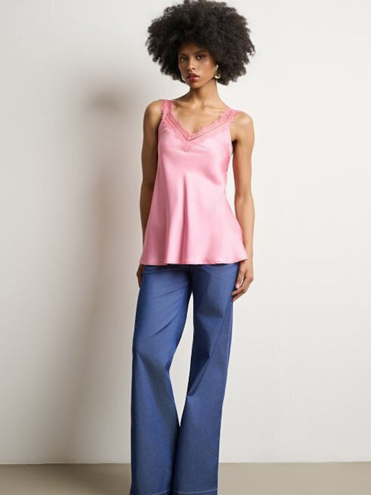 Women's Satin Blouse with Spaghetti Straps & V-Neckline Pink