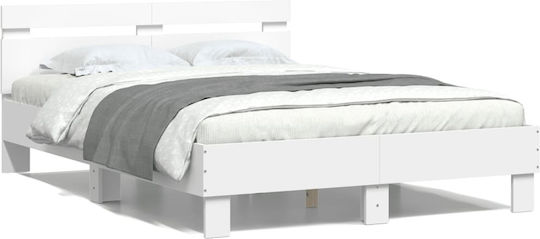 Double Wooden White Bed with Slats for Mattress 135x190cm