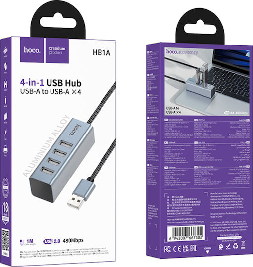 Hoco USB-Hub 4 Anschlüsse USB 2.0 mit USB-A Anschluss Grau