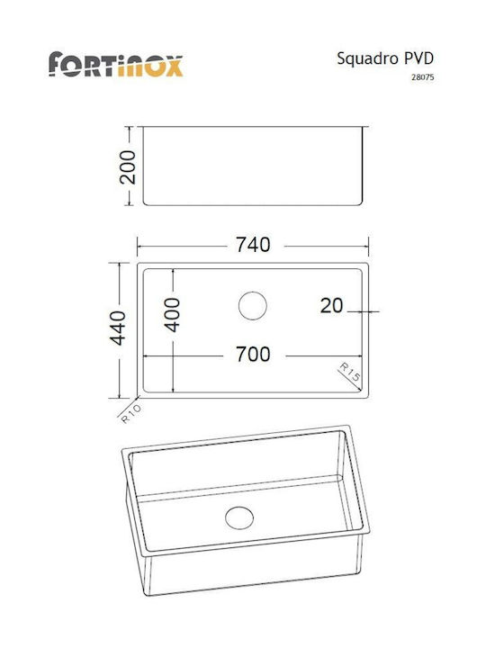 Fortinox Υποκαθήμενος Νεροχύτης Inox Brushed Μ75xΠ44cm Μαύρος