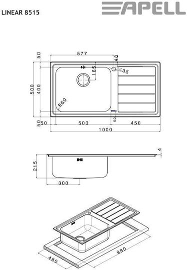 Apell Ένθετος Νεροχύτης Δεξιός Inox Σατινέ Μ100xΠ50cm Ασημί