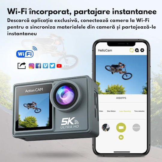 DB-0068 Cameră de Acțiune 256GB 5K Subacvatică (cu Husă) cu Ecran 2" și Wi-Fi Neagră