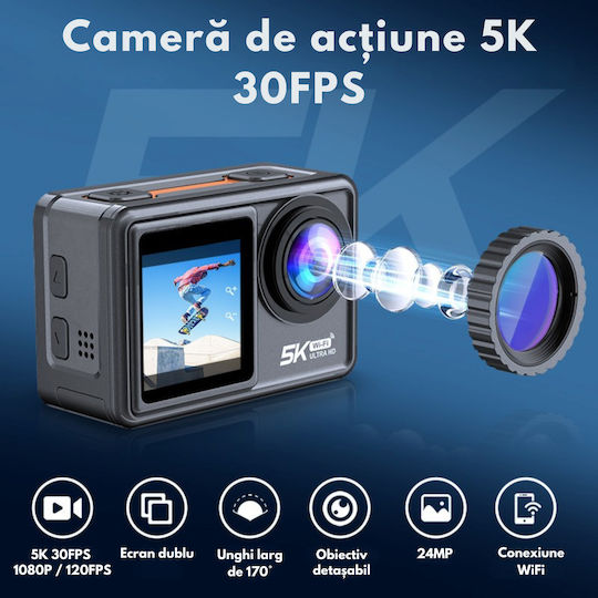 DB-0100 256GB Action Camera 5K Underwater (with Case) with 1.4" Touch Screen and Wi-Fi Black