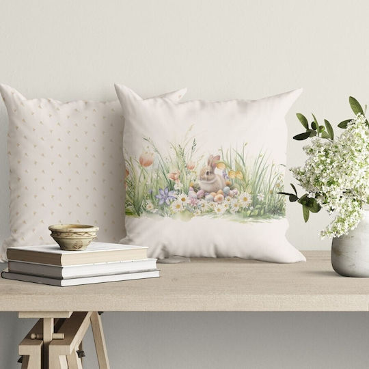 Față De Pernă Din Bumbac Decorativ 45x45cm Flori Iepurași Ouă Tuli