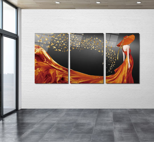 Dreifach Glas Set Mit Weiblichen Porträt Orangenfarben (60x90cm)
