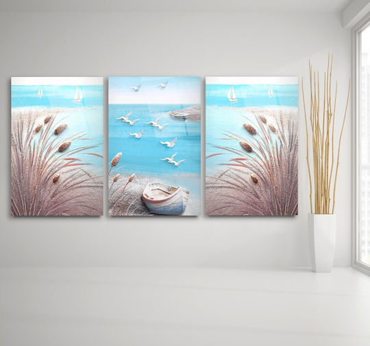 Dreifach Glas Gemälde Set Meereslandschaft Blau (50x70cm)