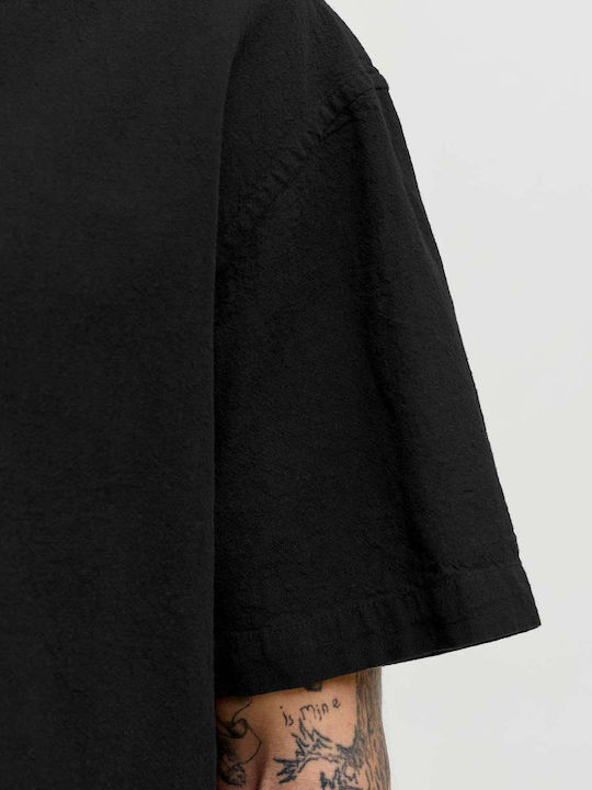 Resort Short Sleeve Linen Shirt in Wide Line Black