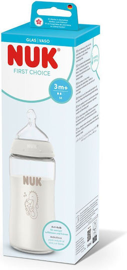 Nuk Γυάλινο Μπιμπερό First Choice+ Κατά των Κολικών με Θηλή Σιλικόνης για 3+ μηνών Λευκό 240ml
