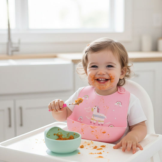 Gamberritos Kids Αδιάβροχη Σαλιάρα Σιλικόνης με Κουμπί & Τσέπη Ροζ για 4 m+