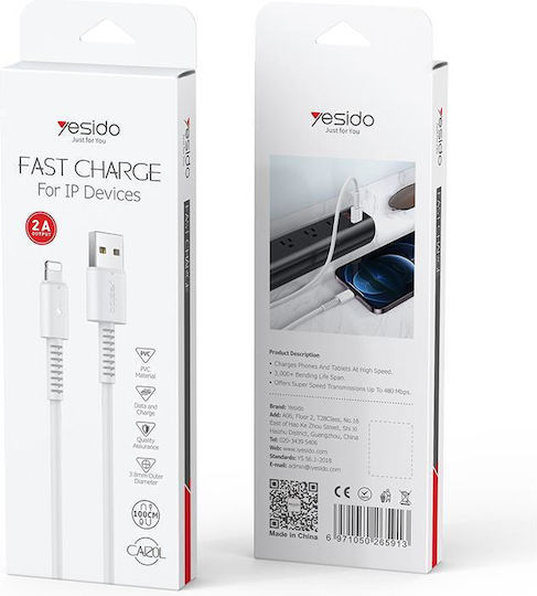 Yesido USB 2.0 Cable USB-C male - USB-A 180W Λευκό 1m
