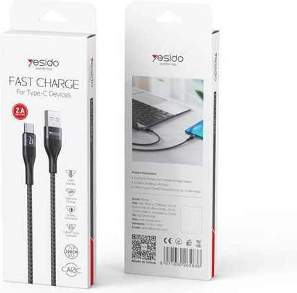 Yesido Braided USB 2.0 Cable USB-C Male - USB-A 18W Black 1m