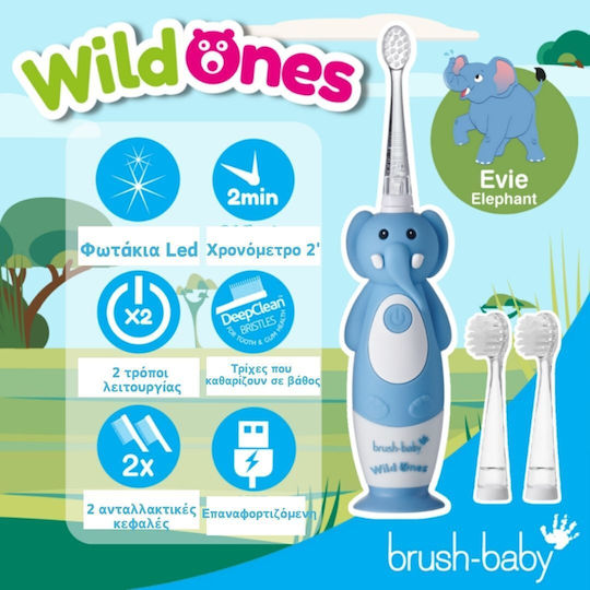 Brush Baby Wildones Children's Electric Toothbrush with Chronograph for 0m+ Elephant with Replacement Heads