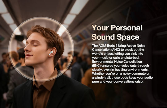 AGM Buds 5 Bluetooth Handsfree Ακουστικά με Αντοχή στον Ιδρώτα και Θήκη Φόρτισης Μπεζ