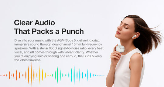 AGM Buds 5 Bluetooth Handsfree Ακουστικά με Αντοχή στον Ιδρώτα και Θήκη Φόρτισης Μπεζ