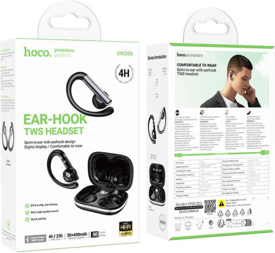 Hoco EW206 Earbud Bluetooth Handsfree Ακουστικά με Αντοχή στον Ιδρώτα και Θήκη Φόρτισης Μαύρα