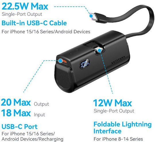 Vention FHRB0 Power Bank 4800mAh 22.5W with USB-C Port Black