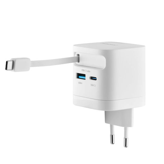 Intenso Φορτιστής GaN με Θύρα USB-A και Θύρα USB-C και Καλώδιο USB-C 65W Λευκός (7806522)