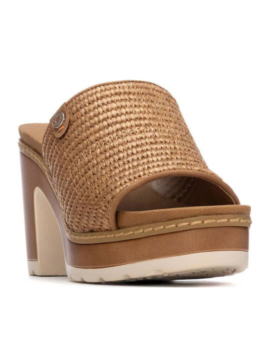 Women's Mules with Chunky High Heel in Tabac Brown Color